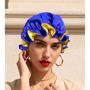 Reversible Satin Sleep Bonnet – Blue & Yellow– Extra Large, Elastic Fit